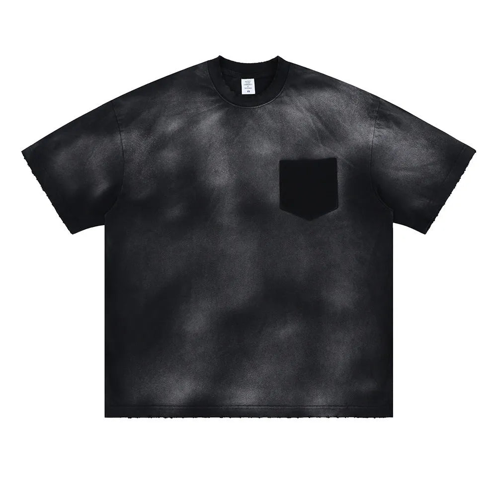 Black men's loose-fit cotton t-shirt with drop-shoulder sleeves and a printed letter pattern.