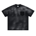 Black men's loose-fit cotton t-shirt with drop-shoulder sleeves and a printed letter pattern.