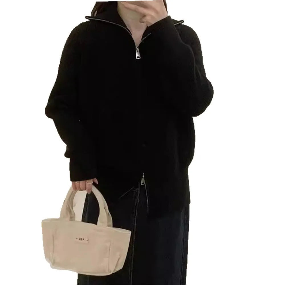 Hong Kong style double zipper knitted cardigan with floral pattern in loose fit free size