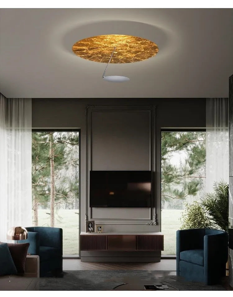 White or white gold iron ceiling lamp with warm LED light, 50cm diameter.