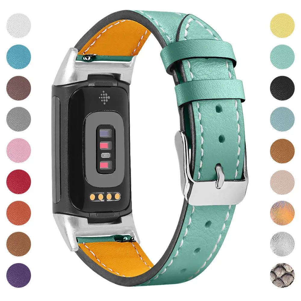 Genuine cowhide leather replacement strap for Fitbit Charge 5 and Charge 6 smartwatch in multiple colours.