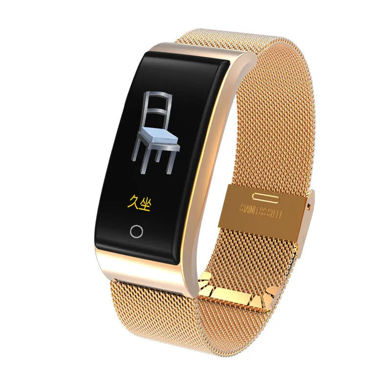 Fashion F4 smart bracelet with colour screen and tin alloy body in black, gold, and silver