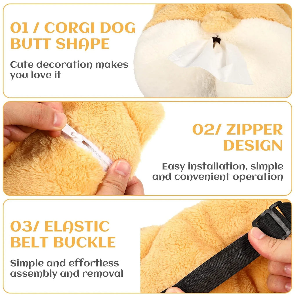 Yellow soft corgi butt shaped tissue box cover with elastic strap for car sun visor.