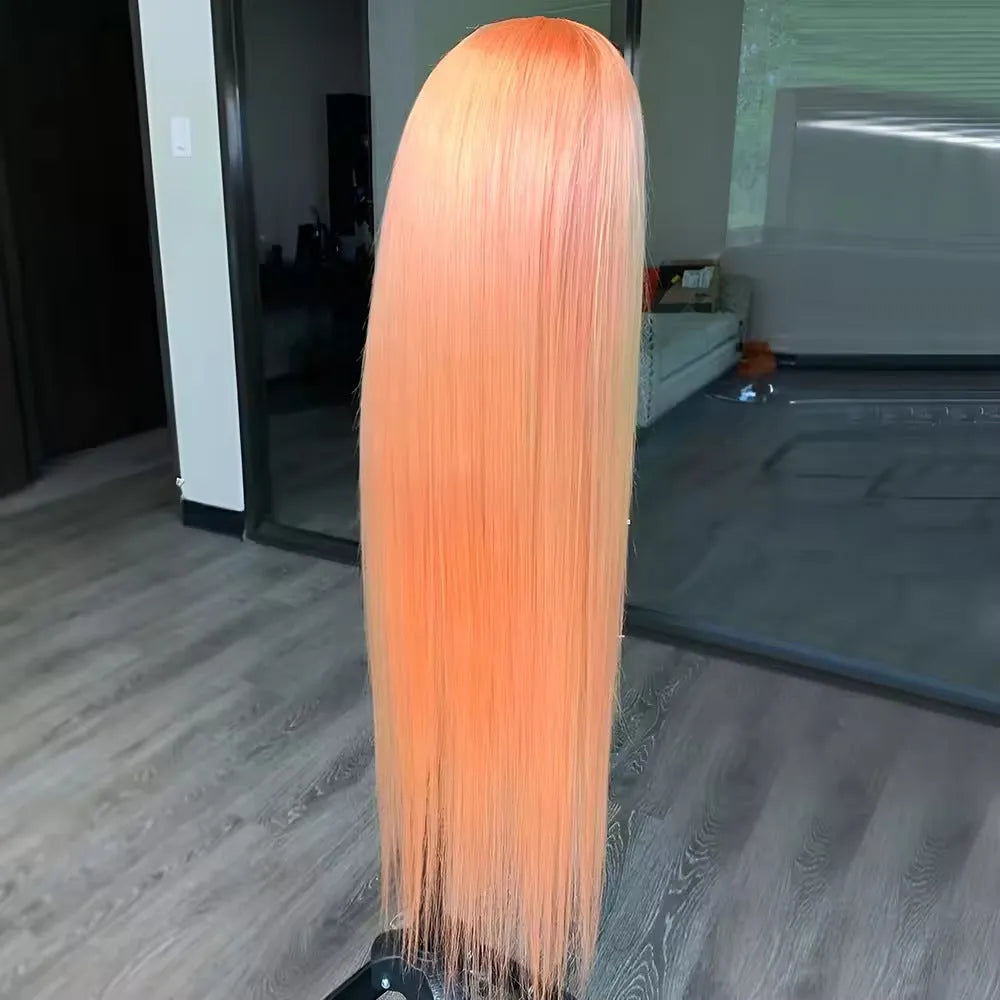 Light orange long straight front lace synthetic wig on display stand showing natural hairline