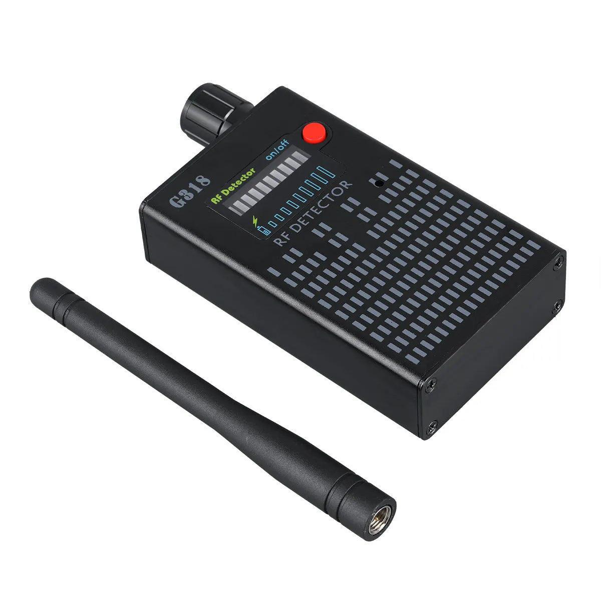 Black G318 anti-camera detector with aluminium alloy housing measuring 102 x 52.5 x 21.5 mm