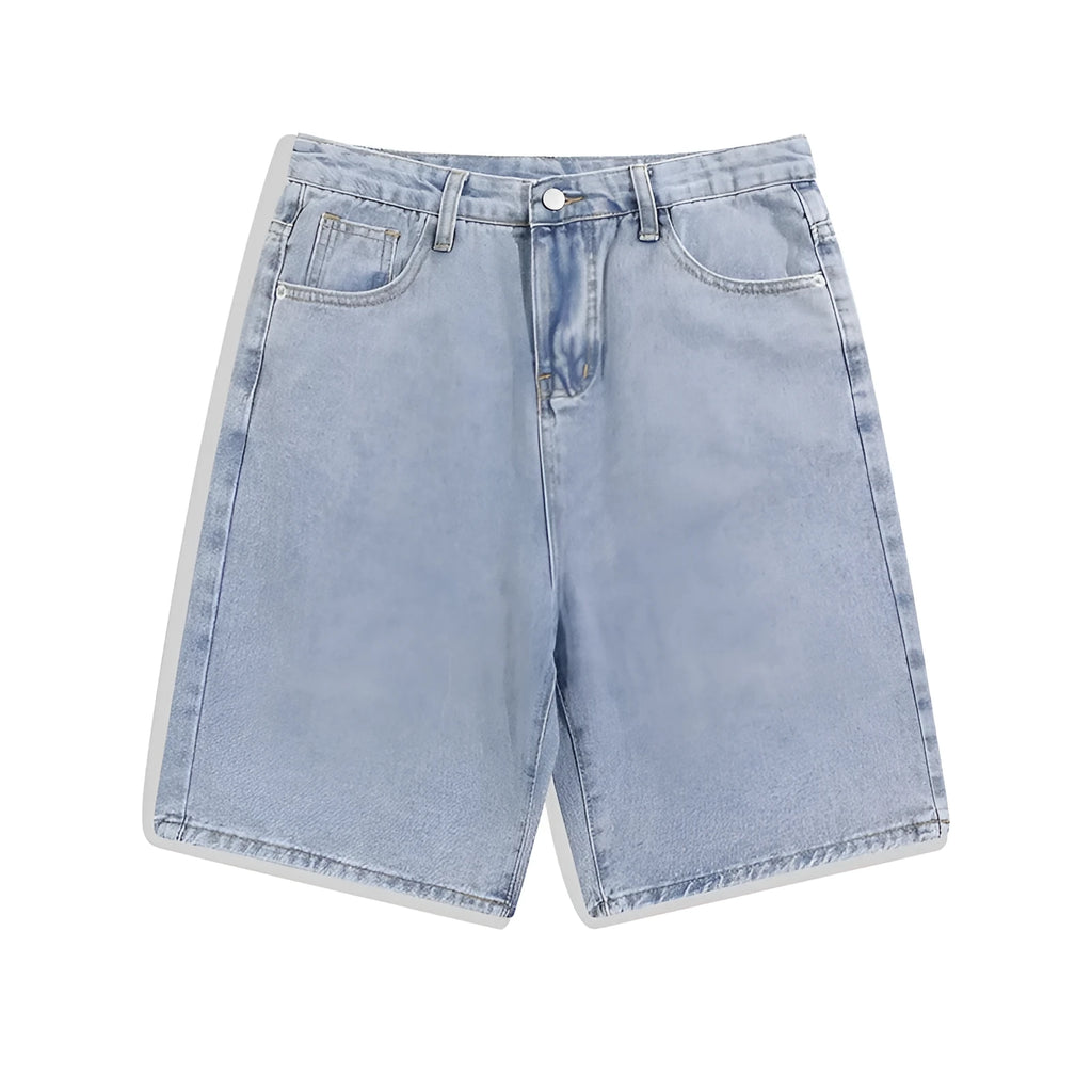 Men's straight-leg denim shorts in light blue colour showing five-point design and zipper fly opening