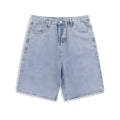 Men's straight-leg denim shorts in light blue colour showing five-point design and zipper fly opening