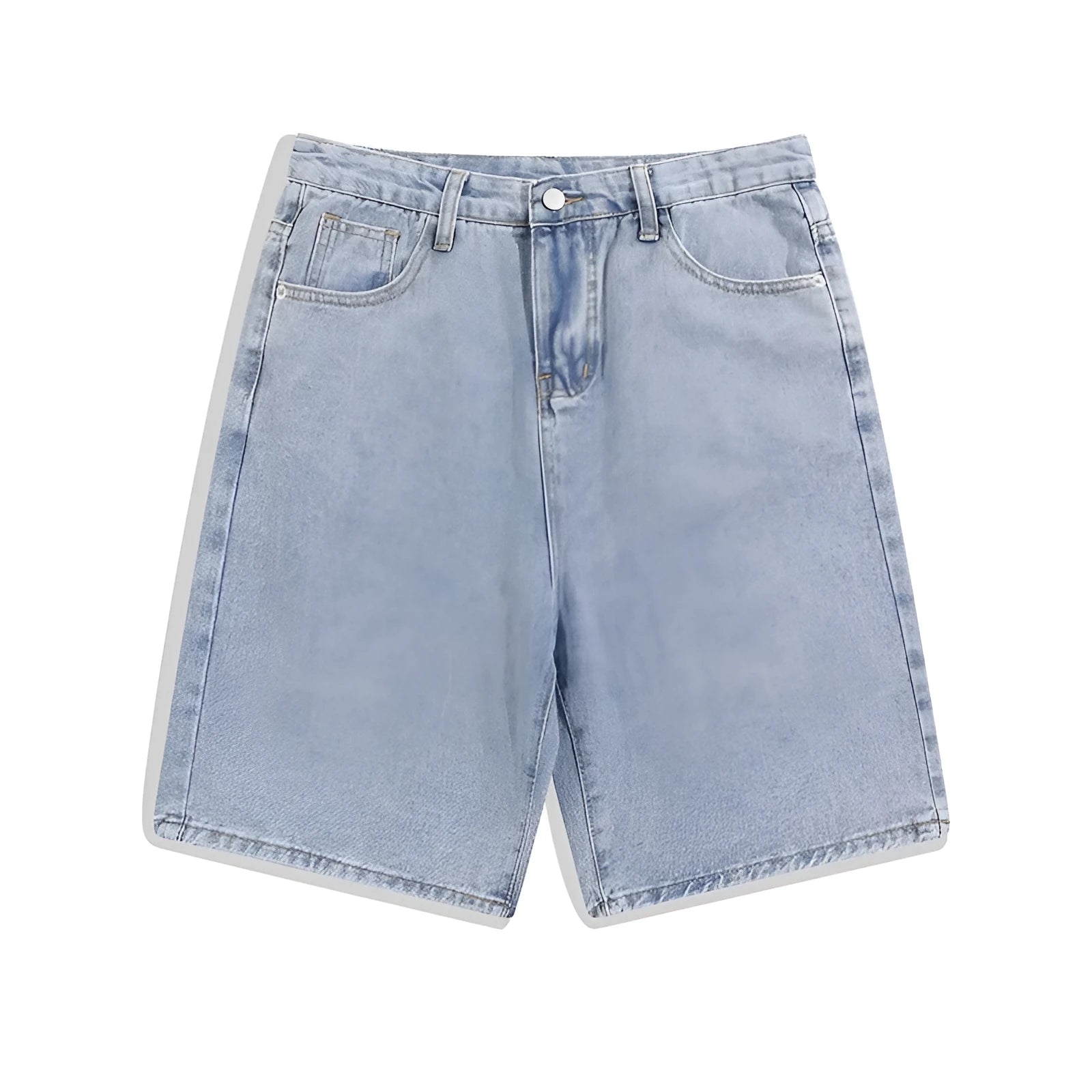 Men's straight-leg denim shorts in light blue colour showing five-point design and zipper fly opening