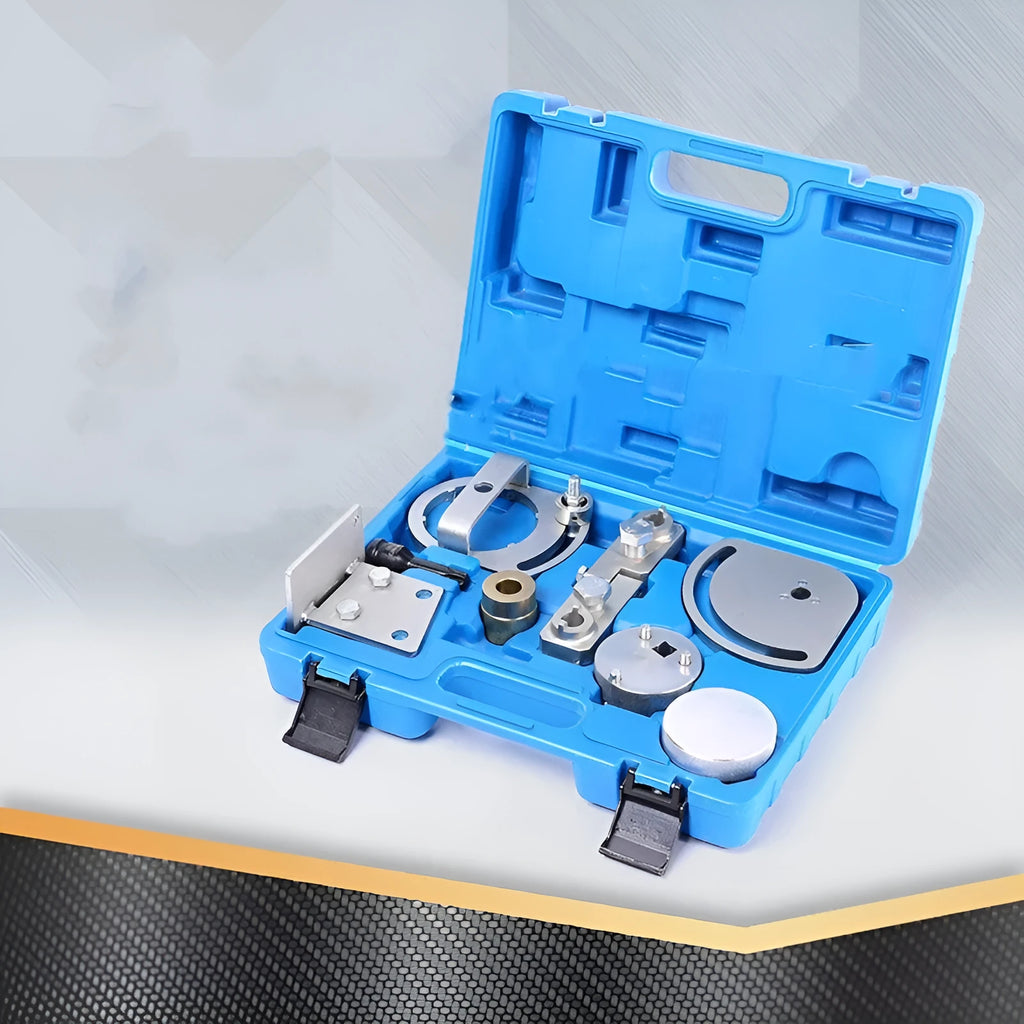 Volvo specialist engine timing tool set with eight carbon steel tools for cylinder head alignment.