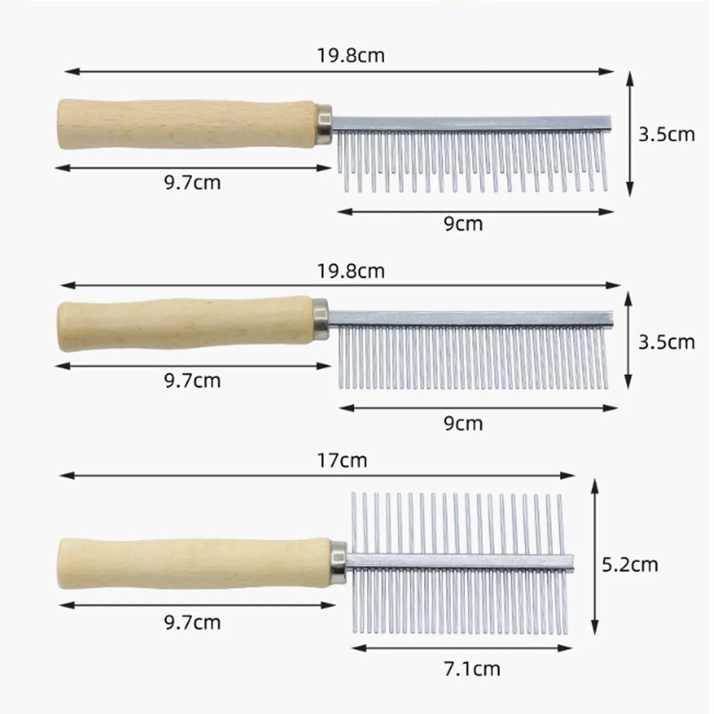Wooden handle pet grooming comb for dogs and cats in single, double, and high-low tee designs.