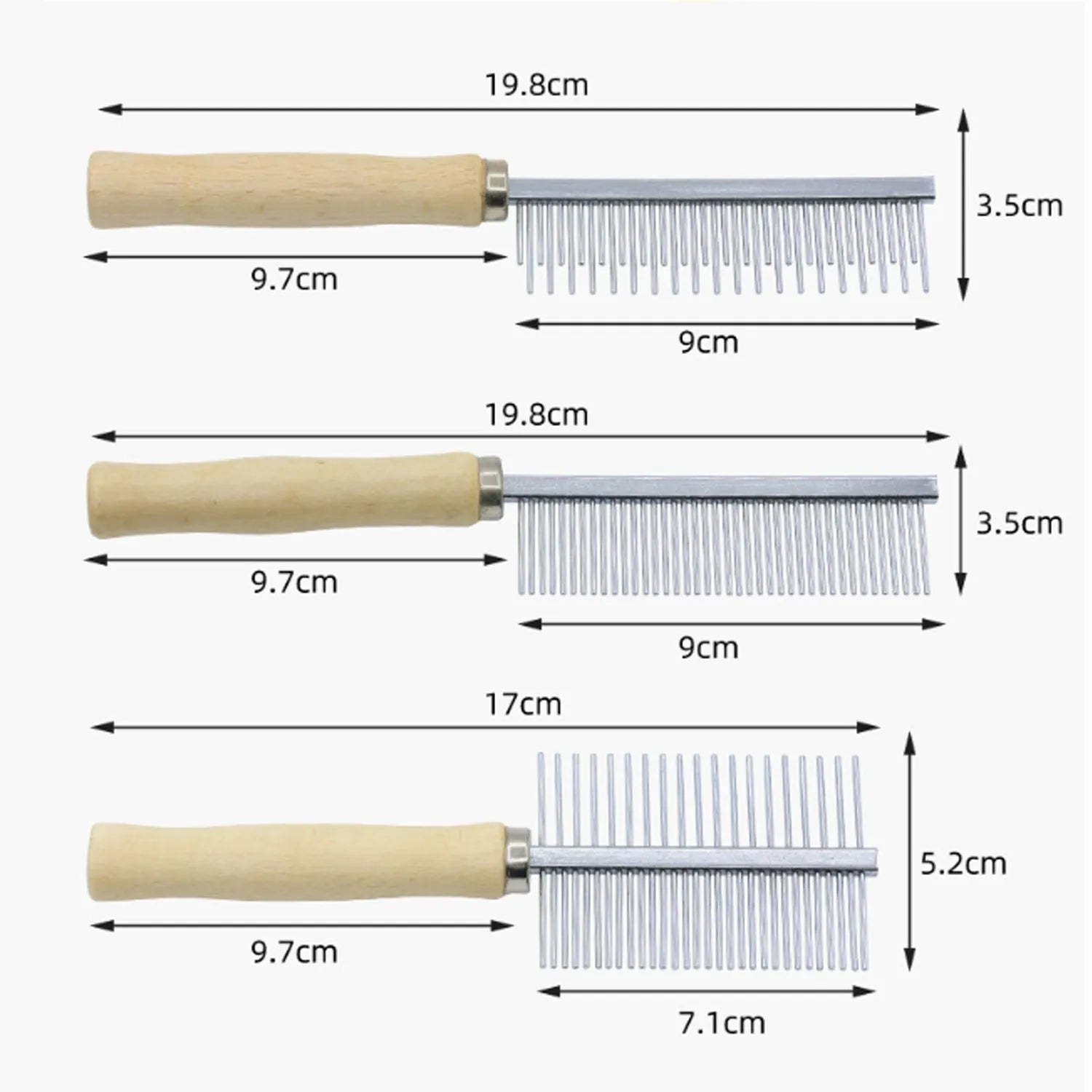 Wooden handle pet grooming comb for dogs and cats in single, double, and high-low tee designs.
