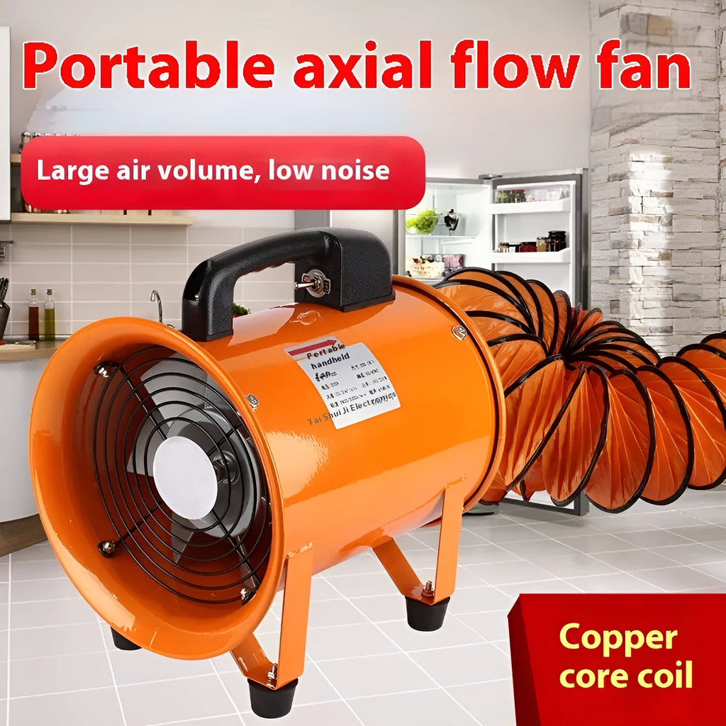 Portable 8-inch industrial axial flow fan with flexible air duct for dust removal.