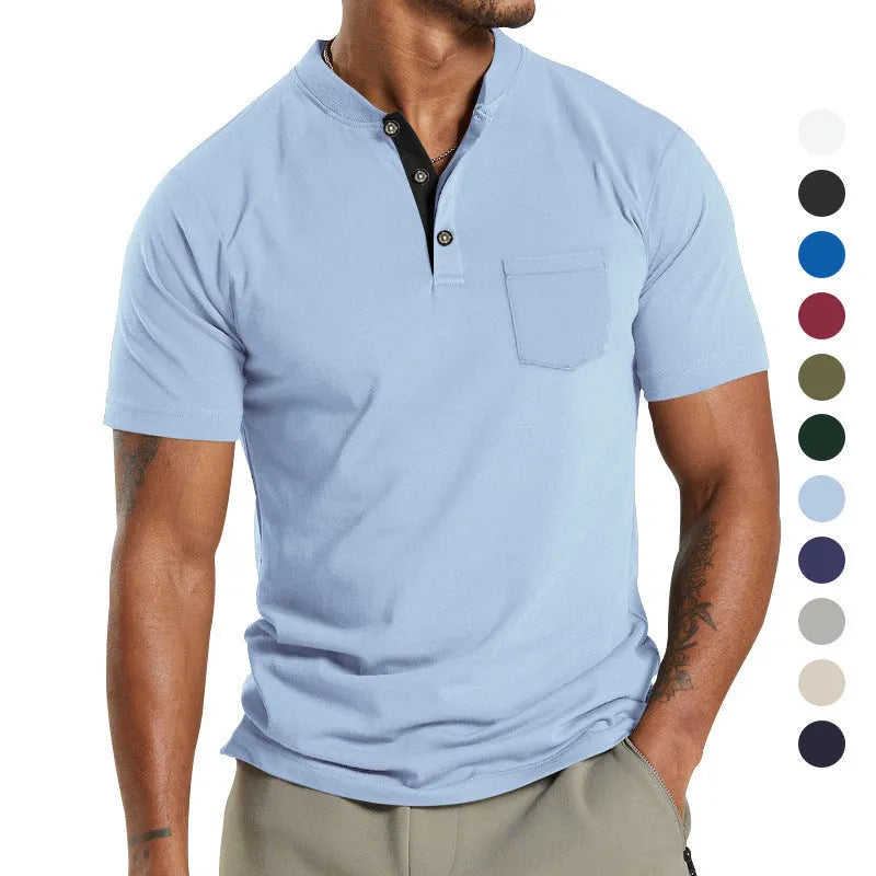 Men's plus size solid colour short sleeve polyester shirt with a button pocket on the chest.