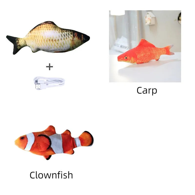 Multicolour electronic fish cat toy measuring 30cm with USB charging cable