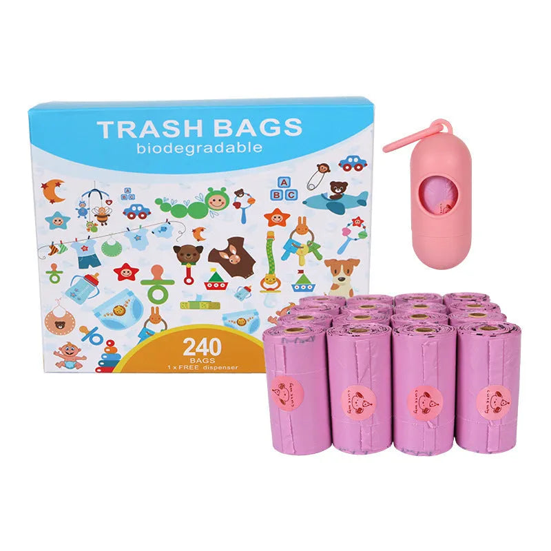 Degradable dog poop bags in military green with black bone print, showing roll format and bag dimensions