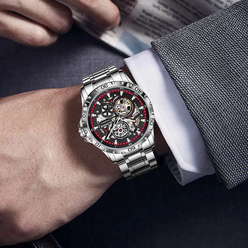 Men's automatic watch with hollow-out design showing mechanical movement and luminous hands