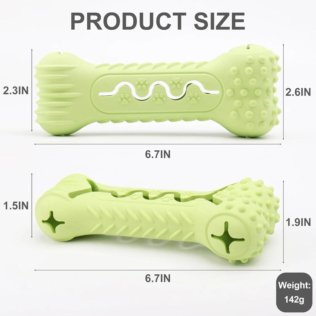 Blue natural rubber bone-shaped dog chew toy with textured surface and puzzle holes.