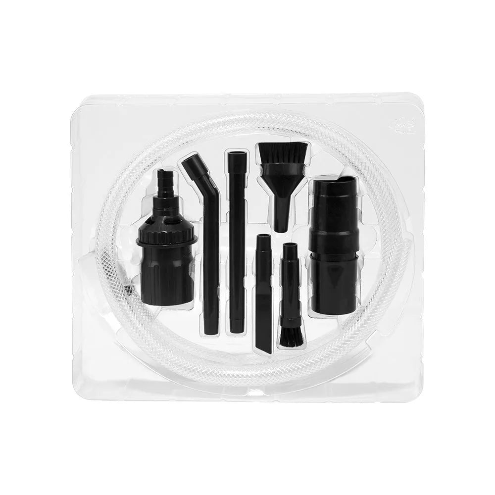 Eight-piece vacuum cleaner attachment set for auxiliary dust collection in small spaces