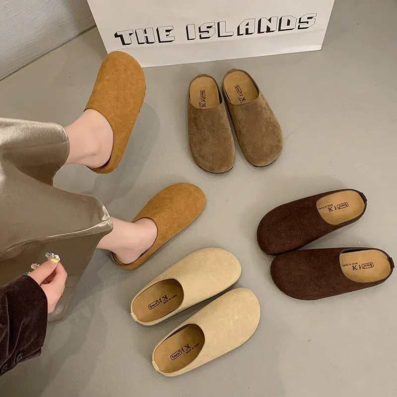 Ugly soft flat Boken slip-on slippers in apricot colour with square toe and microfiber upper