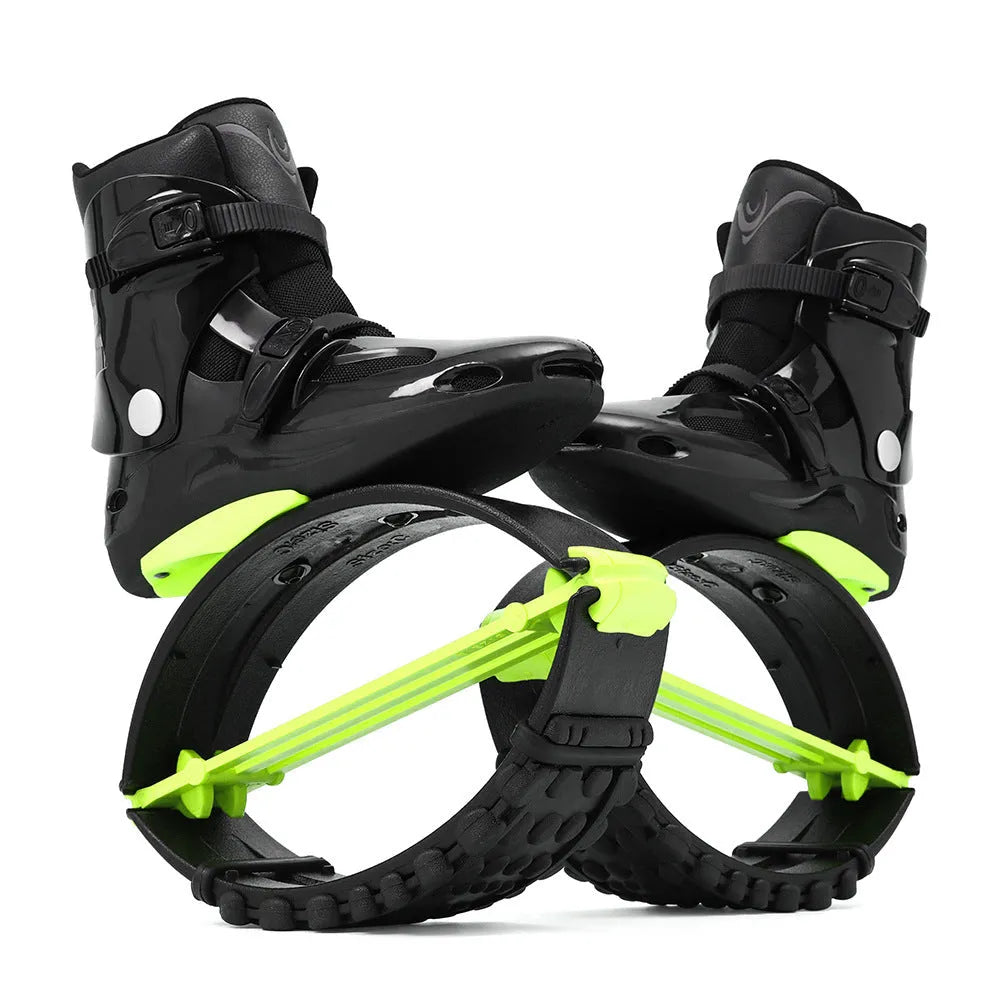 TPU bouncing shoes for sports in colours like black silver, green black, and rose pink.