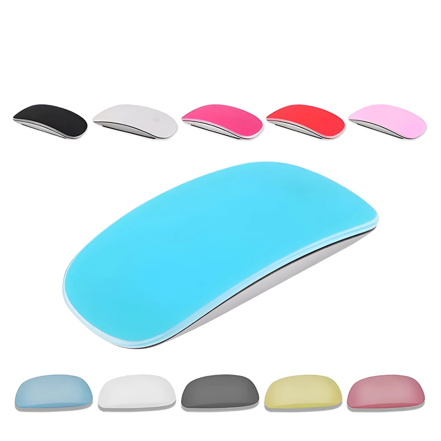Silicone mouse cover for Magic Mouse in five colours: white, dark blue, sky blue, purple, and black