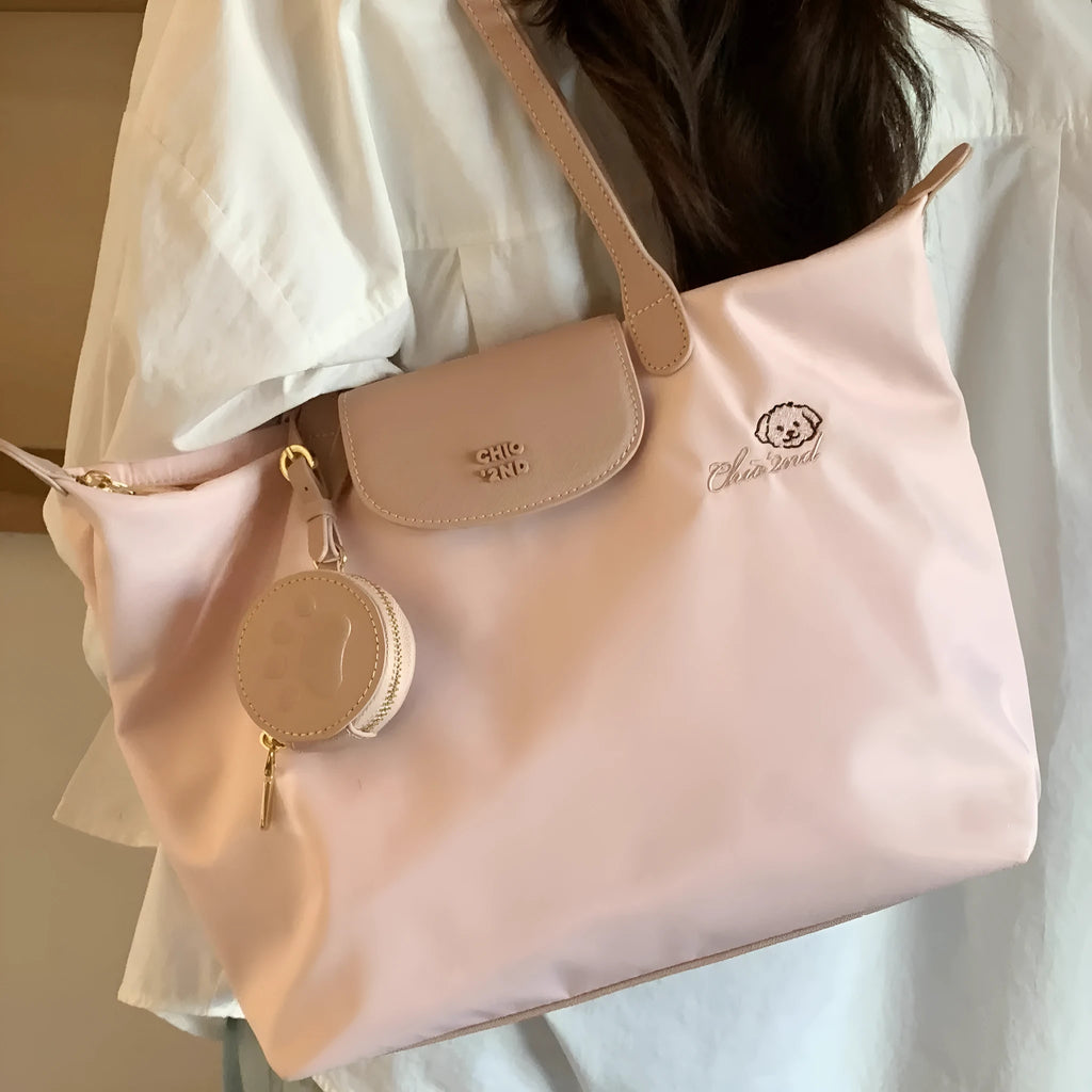 Oxford cloth tote shoulder bag in pink with sandwich pockets and large capacity design