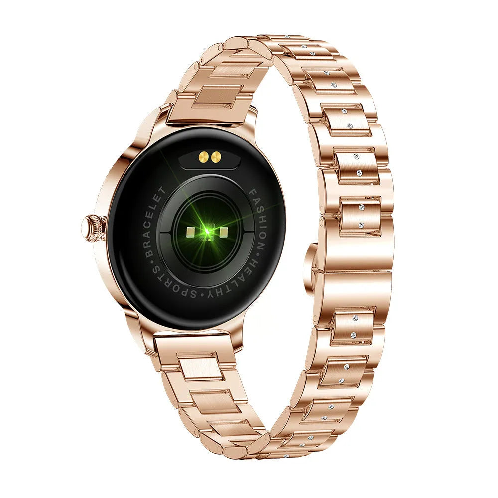AK38 ladies smart watch with stainless steel wristband on wrist showing 1.09-inch screen