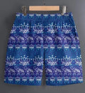 Men's casual polyester shorts in a camouflage pattern, shown in a relaxed outdoor setting.