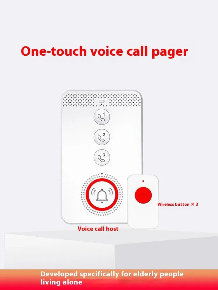 White wireless emergency alert device with buzzer unit and three emergency call buttons for elderly safety