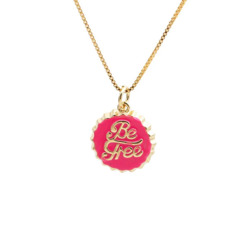 Copper bottle cap pendant necklace with 18K gold electroplating on 40cm box chain