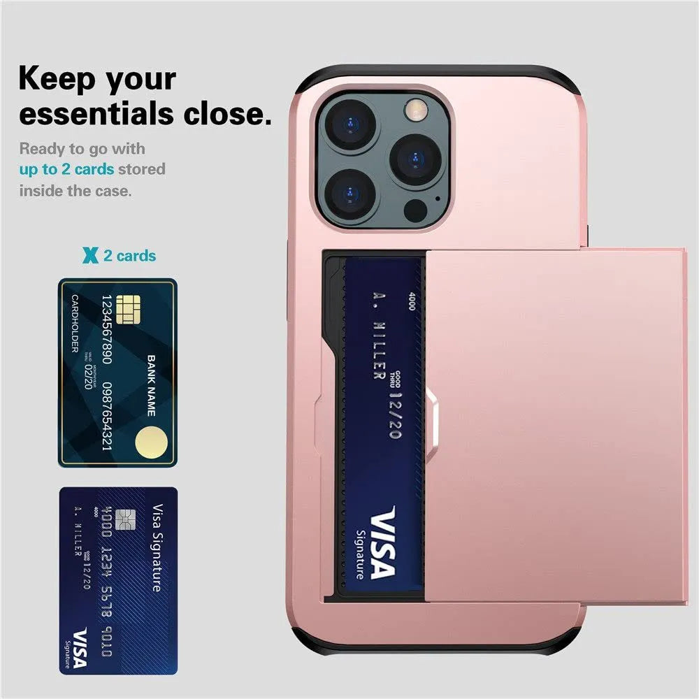 Slim iPhone wallet case with sliding card cover in Army Green colour, showing front and back protection.
