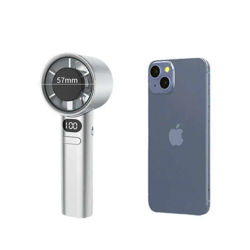 Handheld USB fan showing 120-speed control, brushless motor, and available in green, khaki, silver, or white colours