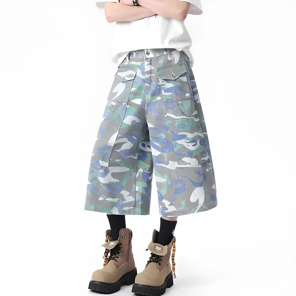 Denim camouflage cropped trousers with pockets and straight leg cut