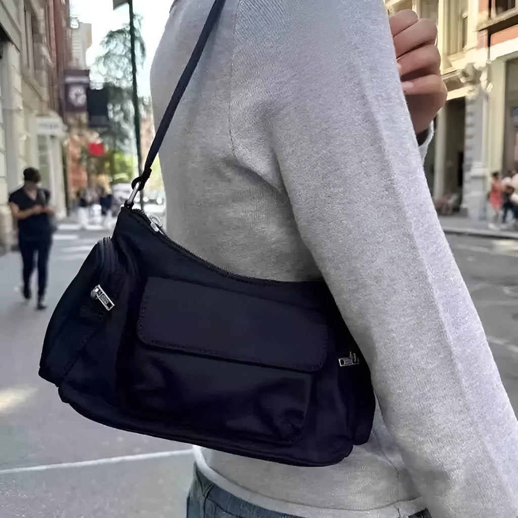 Black PU nylon women's shoulder bag with double pockets and side line detailing