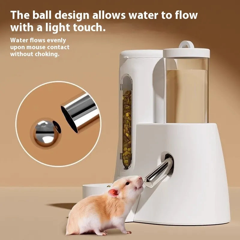 Hamster automatic drinking water feeder with integrated food basin in blue, pink, or white.