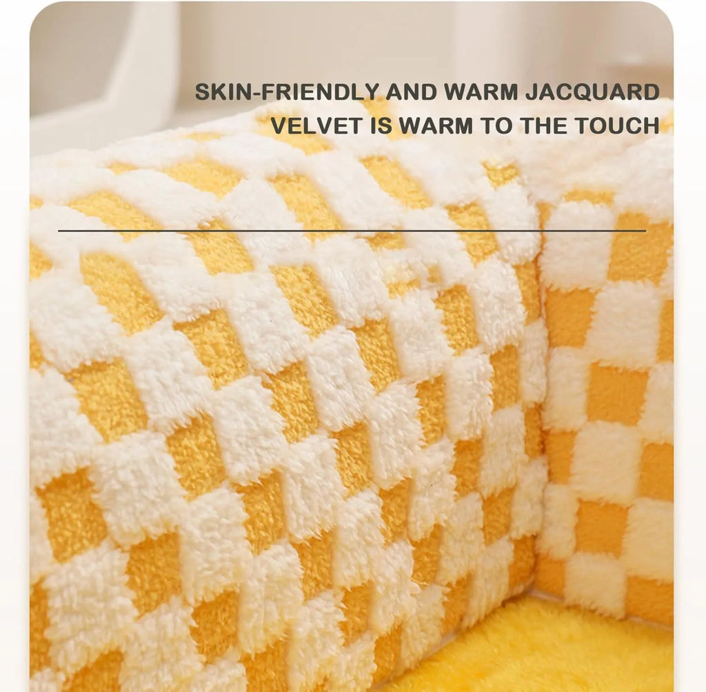 Large fan-shaped plush pet bed with attached tunnel in coffee colour on a wooden floor