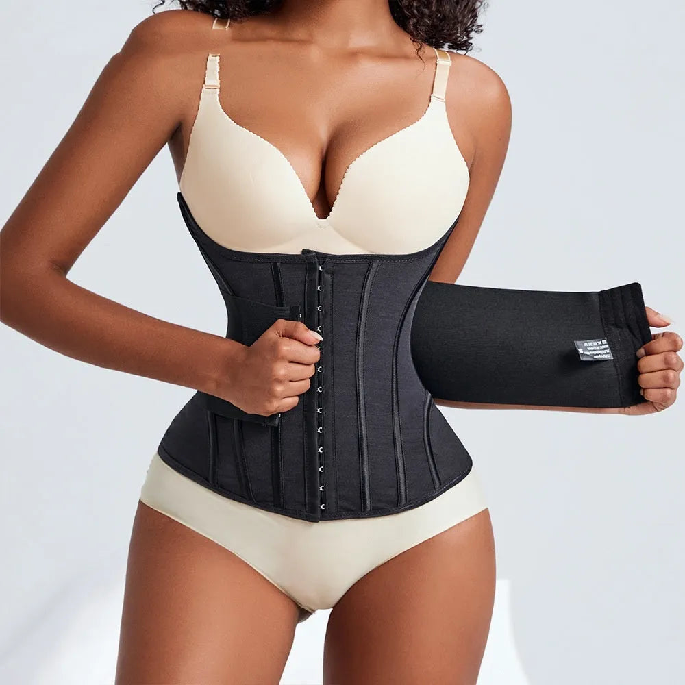 Black and apricot nylon waist training belly band with adjustable belt tie