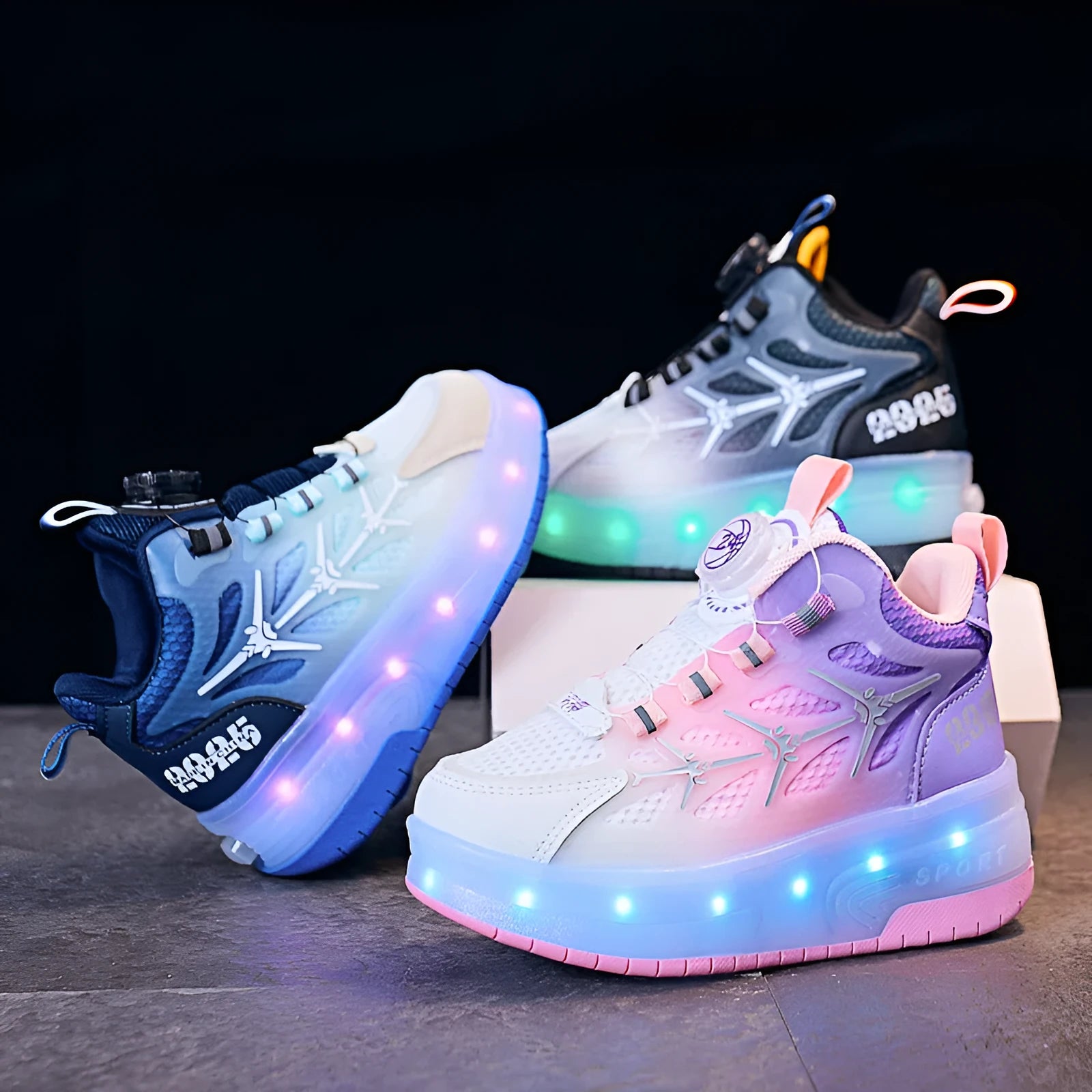 Children's flash knob roller skating shoes with rotating button in blue, black, or pink colours
