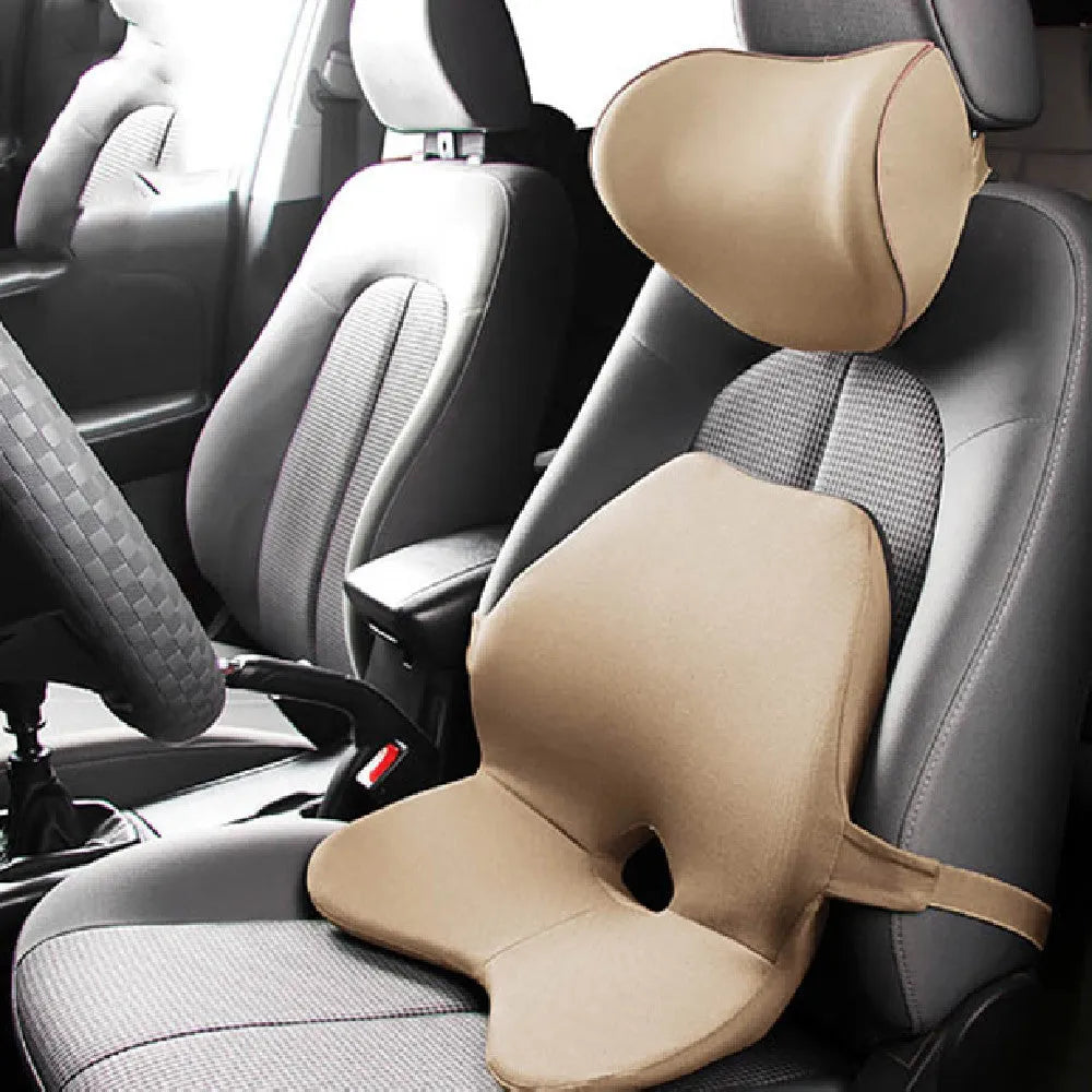 Memory foam car lumbar support cushion and a version with integrated headrest in beige colour.