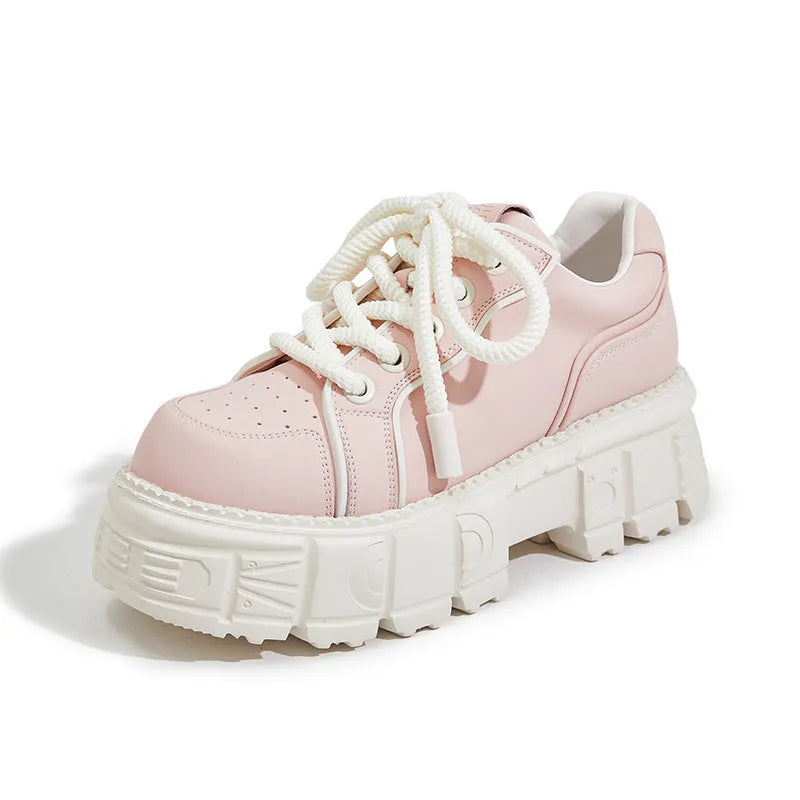 Women's beige and pink casual leather shoes with a rubber foam sole on a white background