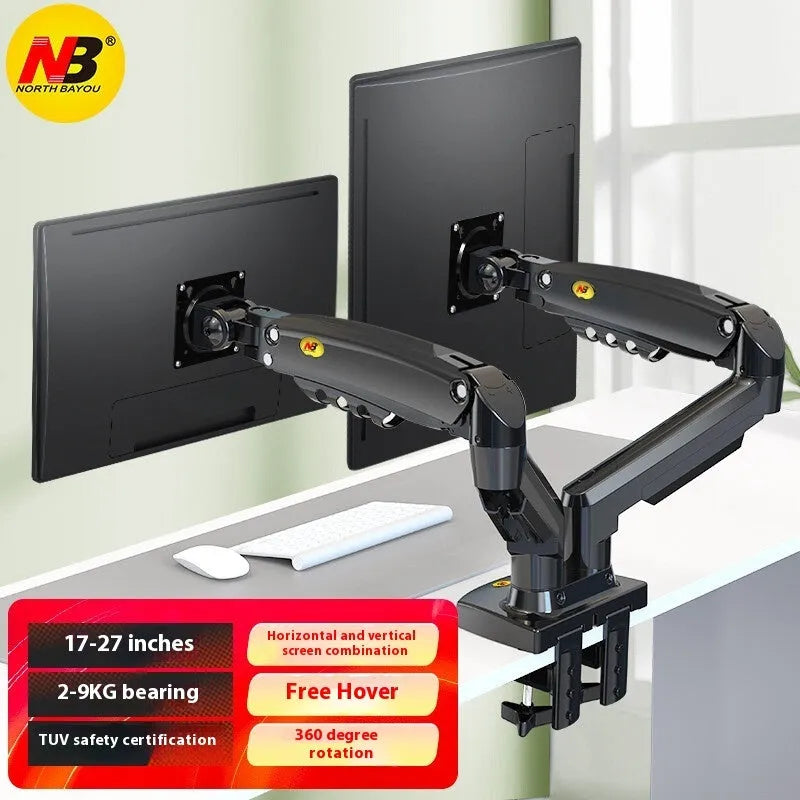 Gun black aluminium alloy dual monitor arm holding two screens on a desktop