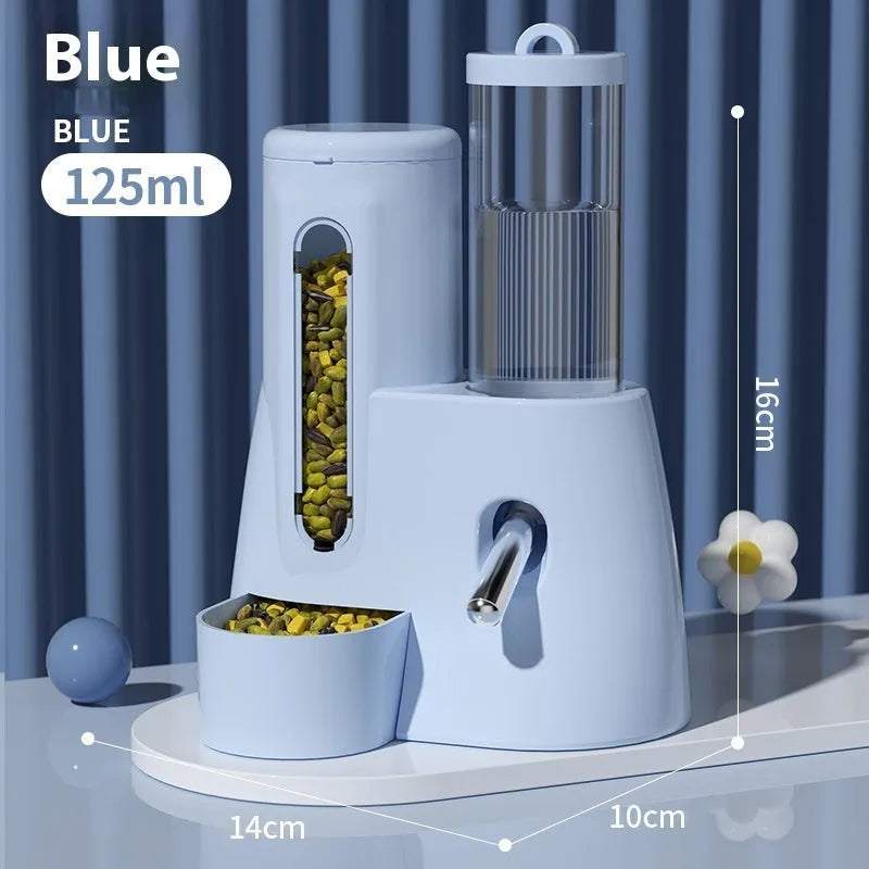 Hamster automatic drinking water feeder with integrated food basin in blue, pink, or white.