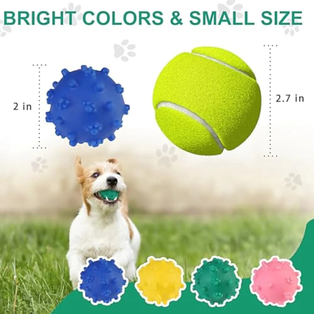 Bright coloured spiked dog toy balls with paw print dimples, 2 inches diameter