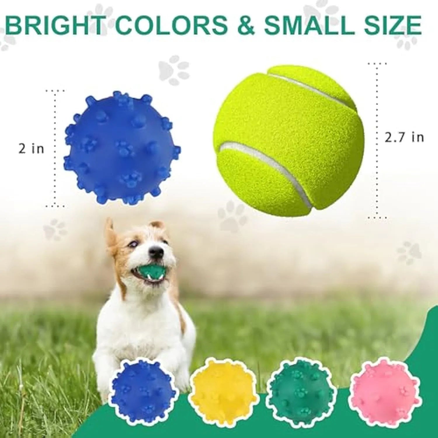 Bright coloured spiked dog toy balls with paw print dimples, 2 inches diameter