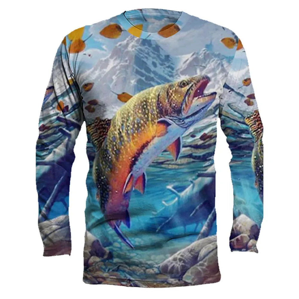Men's grey pullover top with fish print design on front, round neck and long sleeves