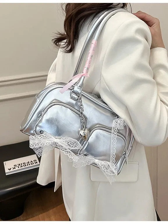 Beige PU shoulder bag with double straps and phone compartment showing structured square shape