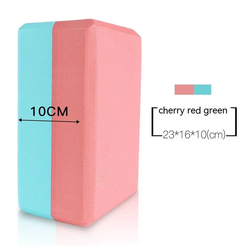 EVA foam yoga block in violet colour, shown next to a pink block, demonstrating its size and rectangular shape for fitness support.