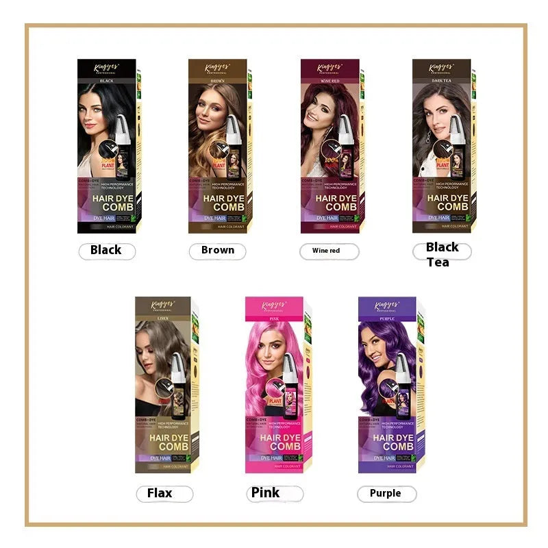 Hair dye colouring comb kit showing brown, wine red, and dark brown 200ML bottles with an application brush