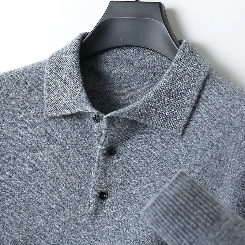 Men's woolen pullover sweater with a polo collar, shown in one of seven available colours.