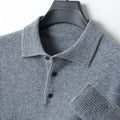 Men's woolen pullover sweater with a polo collar, shown in one of seven available colours.